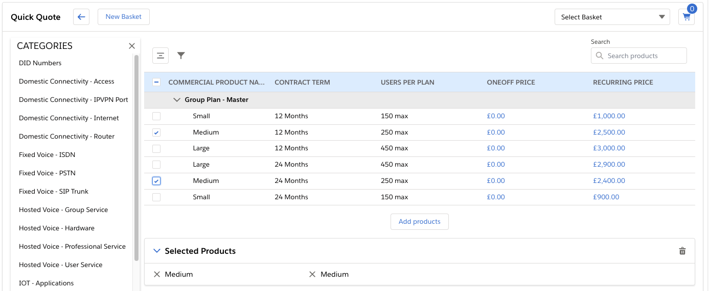 Telco One Quick Quote — telco product catalogue with contract terms and pricing